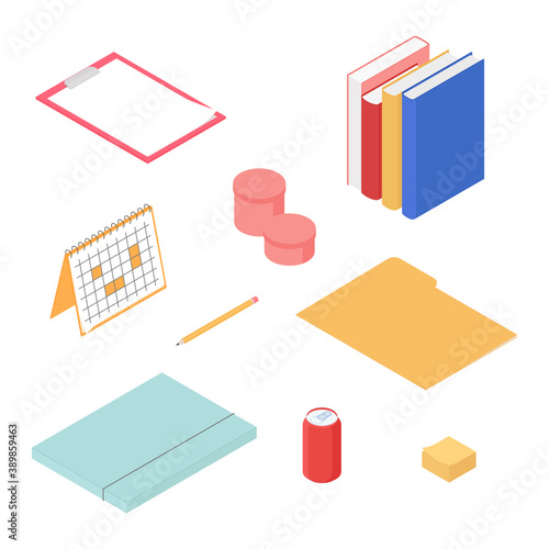 Stationery set. Isometric vector illustration in flat design. Working from home, office, doing homework, home school.