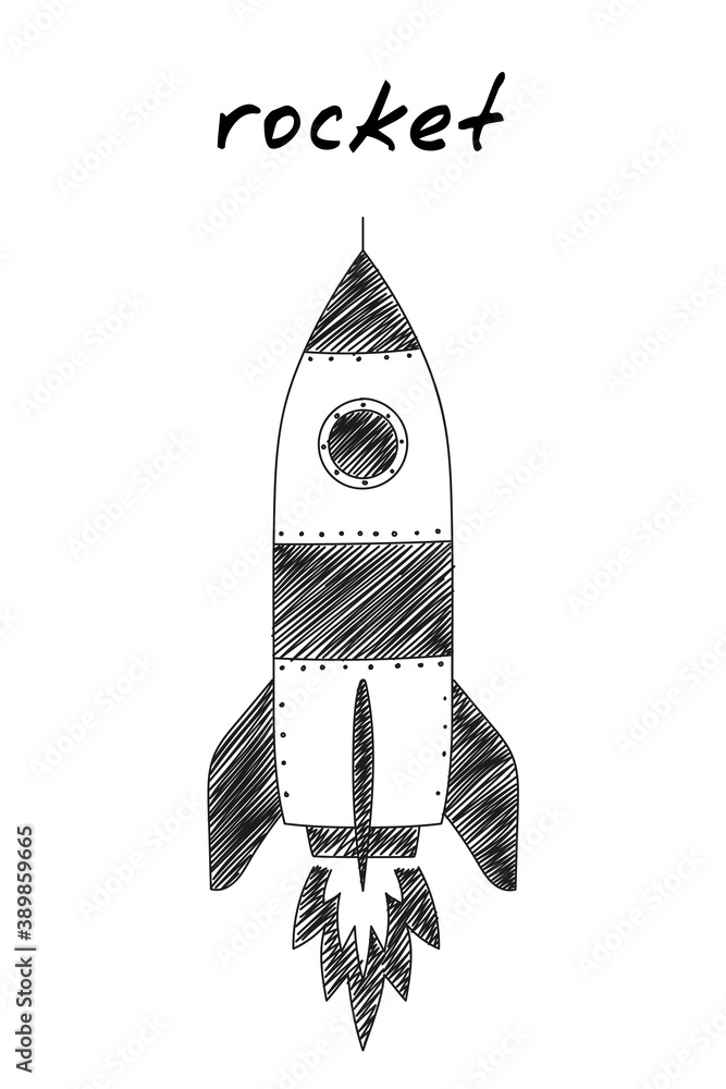 Rocket hand-drawn icon. Cartoon vector clip art of a spaceship flying in  space. Black and white sketch of the rocket icon Stock Vector | Adobe Stock