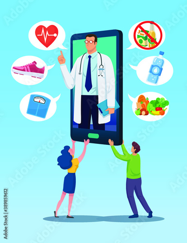Man and woman carrying huge smartphone with doctor image on screen. Man and woman carry huge mobile phone with medical health web apps.