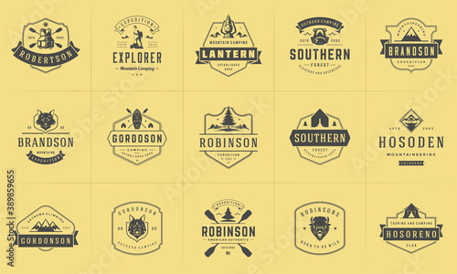 Camping logos and badges templates vector design elements and silhouettes set