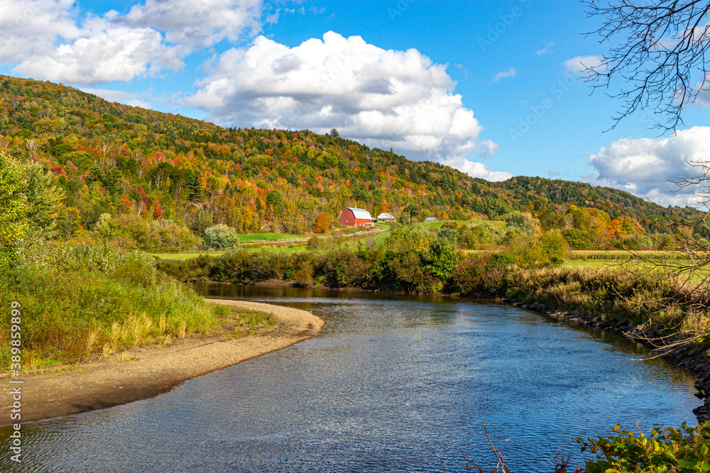 landscape with river and mountains, red barn landscape with river and mountains, red barn