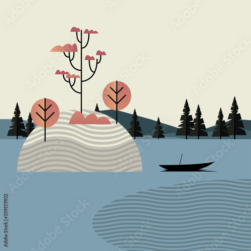 beautiful landcape scene with forest and boat in lake