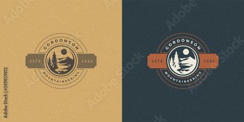 Forest camping logo emblem outdoor hike vector illustration mountain and pine tree silhouettes