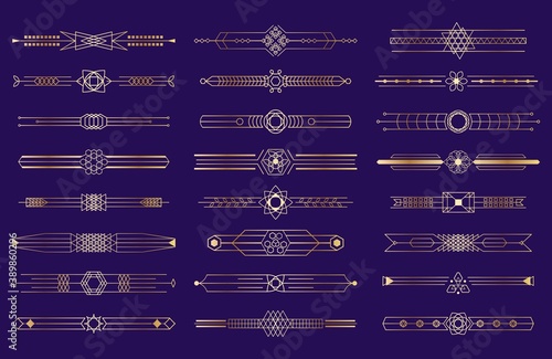 Art deco golden border vector illustration set. Gold line retro pattern dividers, 1920s decorative ornaments, geometric luxury elegant artistic frame for ornate invitation card, design background