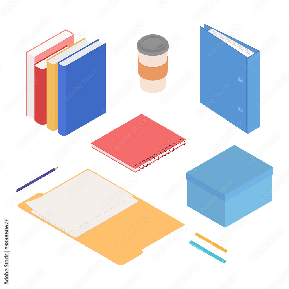 Stationery set. Isometric vector illustration in flat design.
Working from home, office, doing homework. Stationery set. Isometric vector illustration in flat design.
Working from home, office, doing homework.