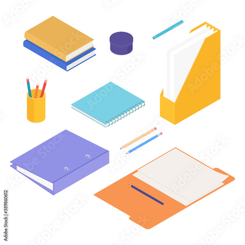 Stationery set. Isometric vector illustration in flat design. Working from home, office, doing homework.