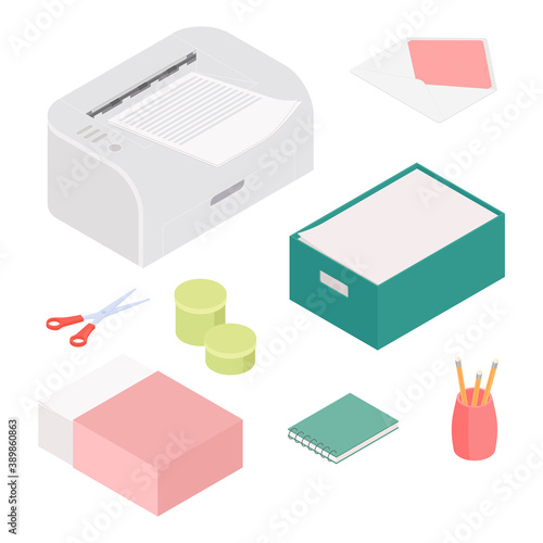 Office supplies and equipment set with printer. Isometric vector illustration in flat design. Working from home, office, doing homework.
