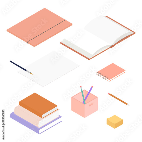 Stationery set. Isometric vector illustration in flat design.
Working from home, office, doing homework.