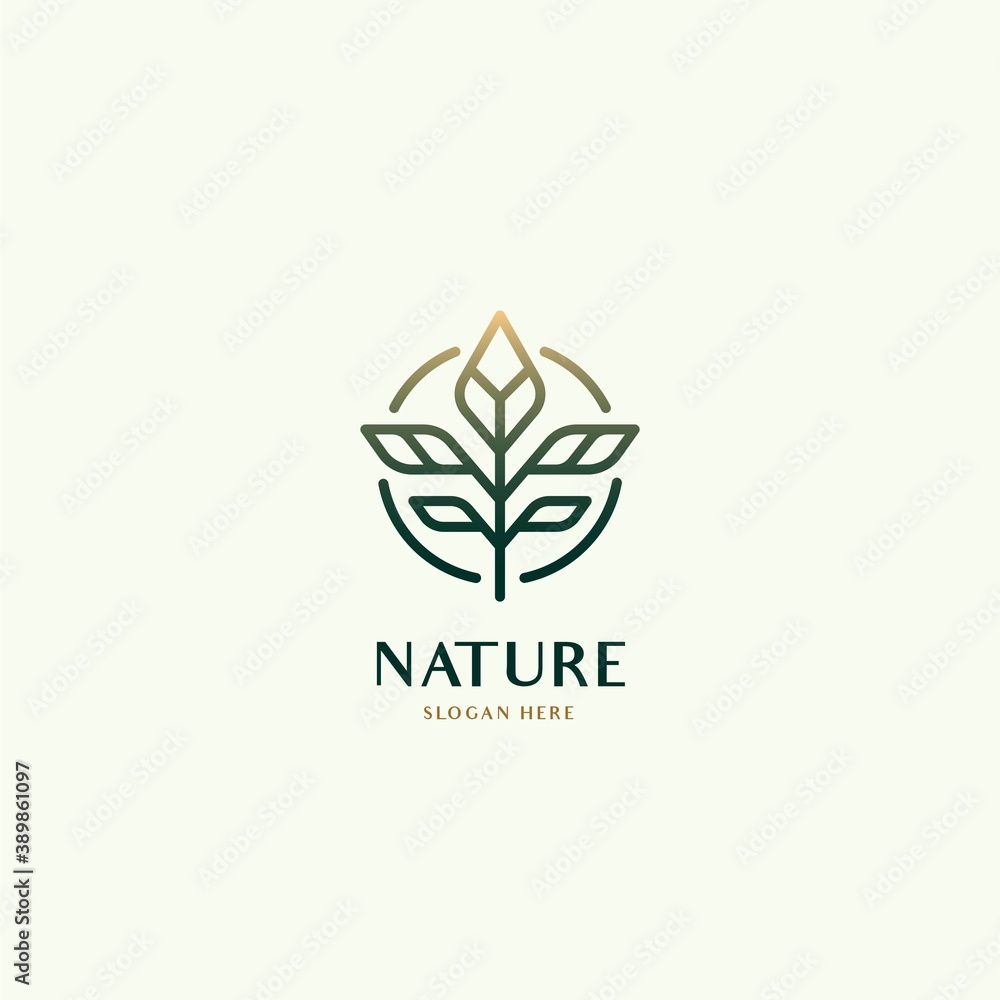 Botanical leaf Natural organic luxury logo design in outline vector style