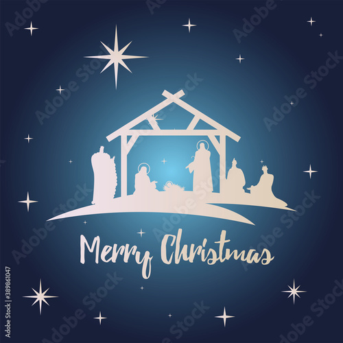happy merry christmas lettering with holy family and kings silhouette