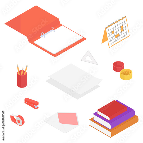 Office supplies set. Isometric vector illustration in flat design. Working from home, office, doing homework.