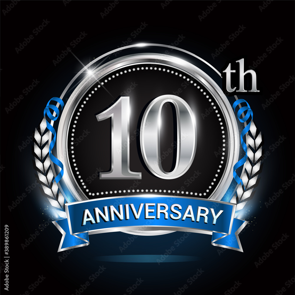 10th silver anniversary logo with blue ribbon and ring. 10th silver anniversary logo with blue ribbon and ring.
