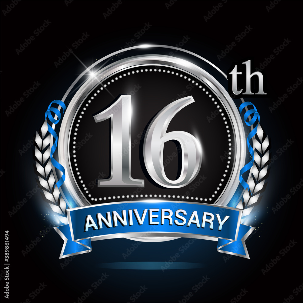 16th silver anniversary logo with blue ribbon and ring. 16th silver anniversary logo with blue ribbon and ring.