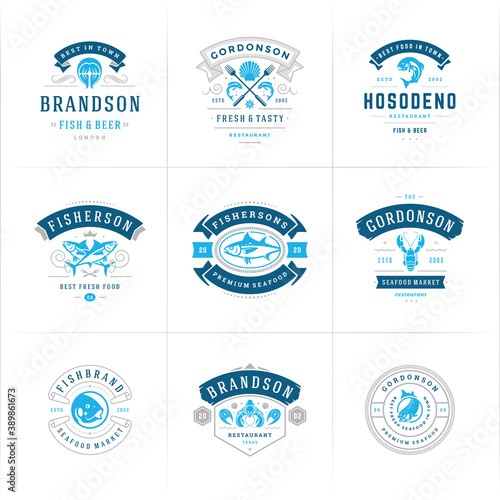 Seafood logos or signs set vector illustration fish market and restaurant emblems templates design