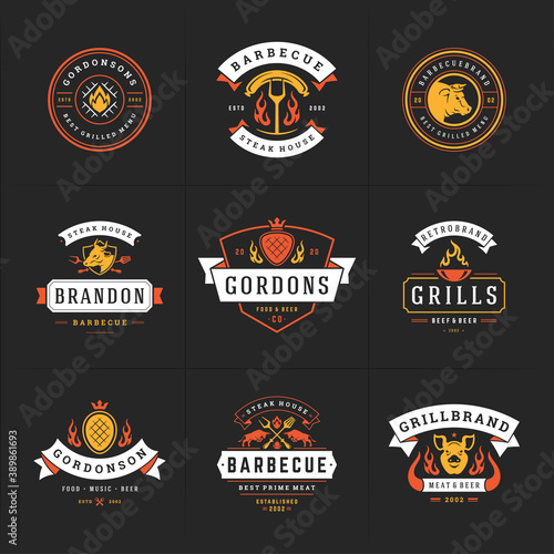 Grill and barbecue logos set vector illustration steak house or restaurant menu badges with bbq food silhouettes