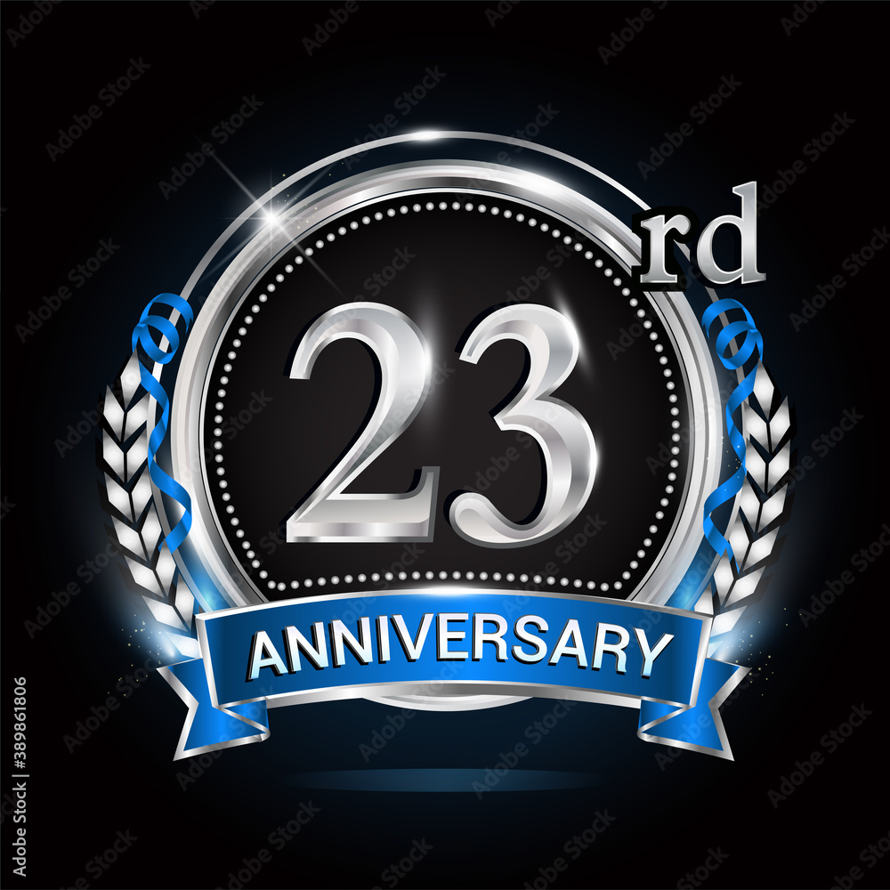 23rd silver anniversary logo with blue ribbon and ring. 23rd silver anniversary logo with blue ribbon and ring.