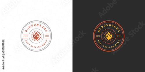 Barbecue logo vector illustration steak house or bbq restaurant menu emblem grill with bonfire silhouette