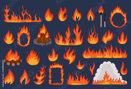 Flame fire vector illustration set. Cartoon flat red and orange flamed ignition light effect collection with hot danger flaming elements, bonfire or campfire, shiny flame frame borders and wildfire