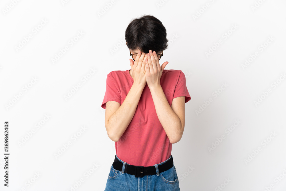 Woman with short hair isolated on white background with tired and sick expression Woman with short hair isolated on white background with tired and sick expression