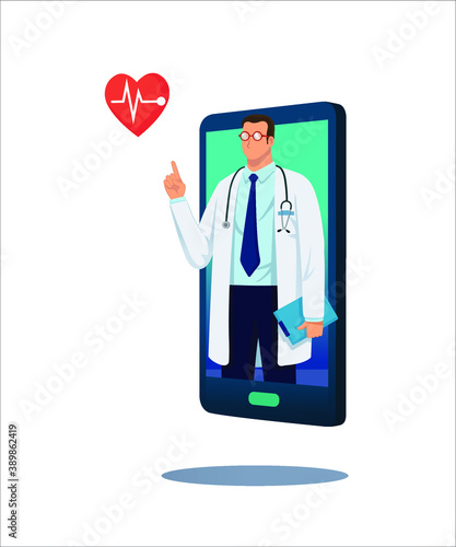 E-health online web doctor consultation.
Doctor image on smartphone screen.