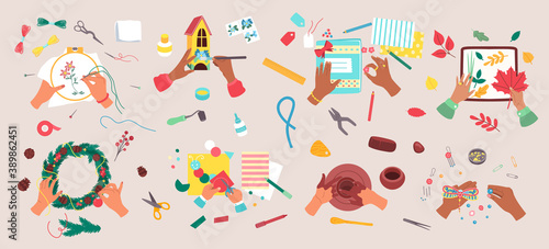 Craft hobby vector illustration set. Cartoon flat craftsman artist hands doing creative handmade decorating art work, knitting or painting, scrapbooking, sewing and creating handicraft in workshop