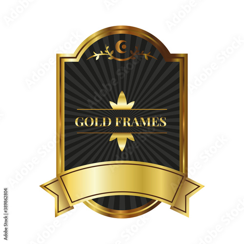 elegant golden frame emblem with lettering and ribbon