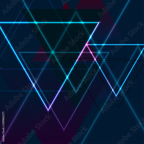 Blue and purple retro neon laser triangles abstract background. Glowing vector design