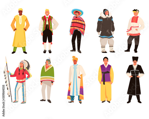 Multicultural people, national traditional clothes vector illustration set. Cartoon flat collection, man characters of different nations wear ethnic folk costumes, culture tradition isolated on white