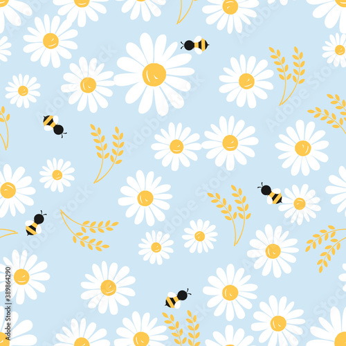 Seamless pattern with daisy flower, flying bee cartoon and wheat ears on blue background vector illustration. Flat design for print.