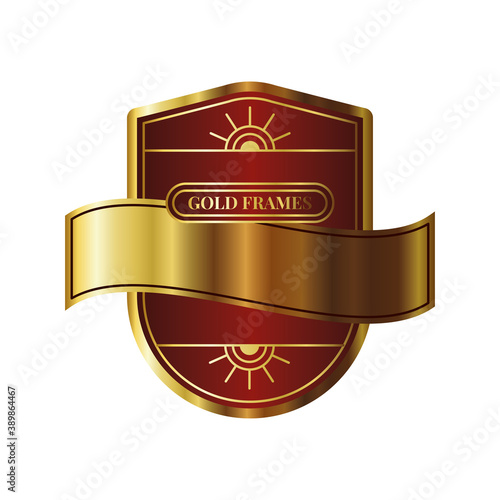 elegant golden frame emblem with lettering and ribbon