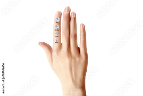 3.00 carat to 0.50 carat Diamond Size on Hand approximation in White Background