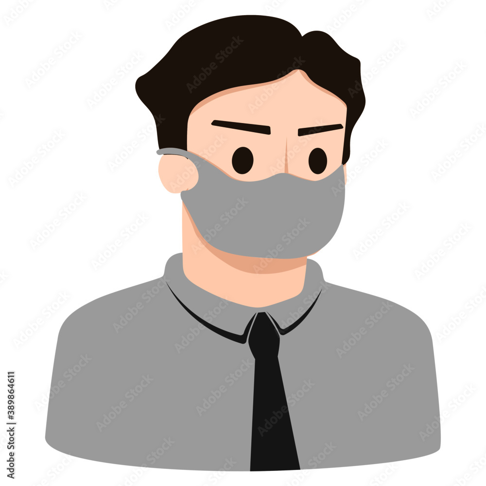 Man character in office uniform wearing mask protect virus from breathing