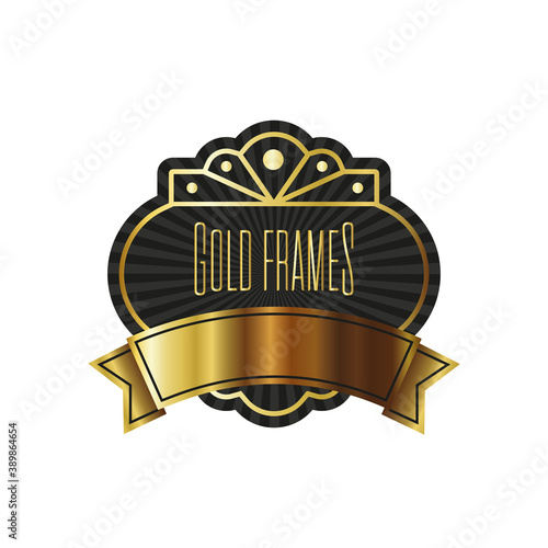 elegant golden frame emblem with lettering and ribbon