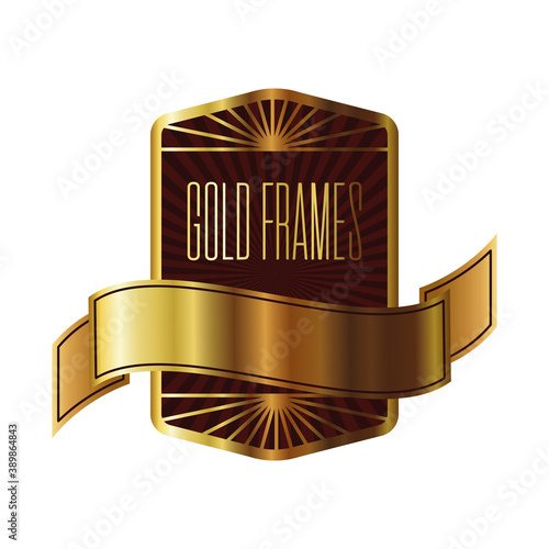 elegant golden frame emblem with lettering and ribbon