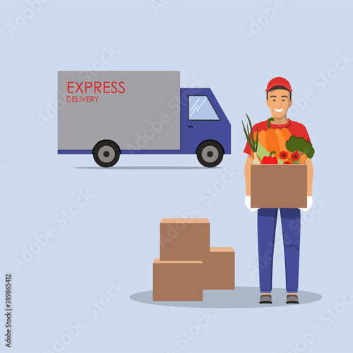 Grocery express delivery boy holding cardboard box with vegetables. Vector illustration. Courier wearing a gloves in a red T-shirt and uniform cap.