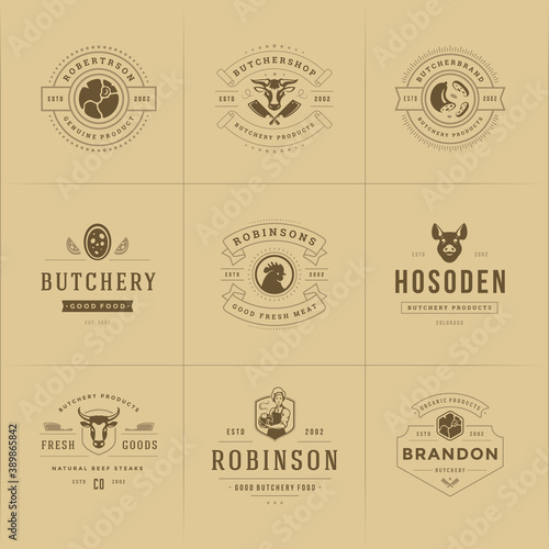 Butcher shop logos set vector illustration good for farm or restaurant badges with animals and meat silhouettes