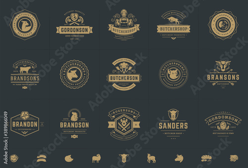 Butcher shop logos set vector illustration good for farm or restaurant badges with animals and meat silhouettes