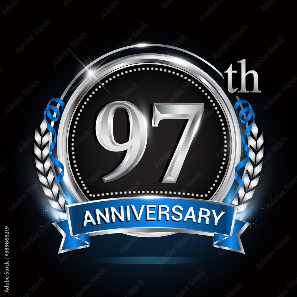 97th silver anniversary logo with blue ribbon and ring. 97th silver anniversary logo with blue ribbon and ring.
