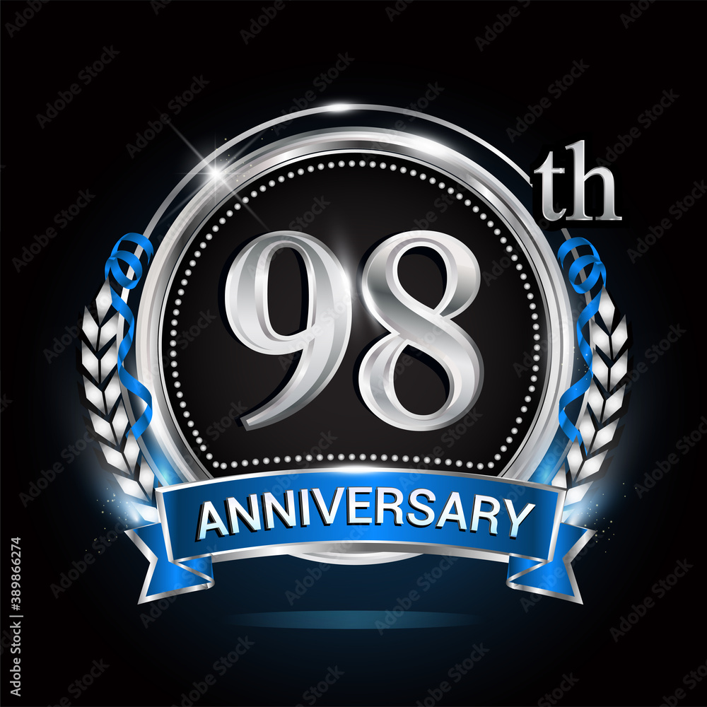 98th silver anniversary logo with blue ribbon and ring. 98th silver anniversary logo with blue ribbon and ring.