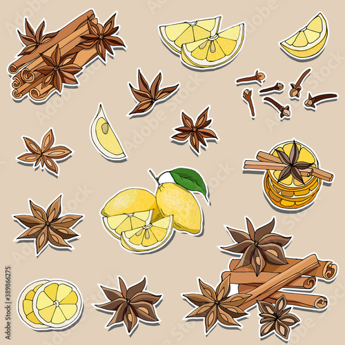 Set of stickers spices for tea and coffee: cinnamon, lemon, star anise. Vector illustration white stroke on cut out on beige background
