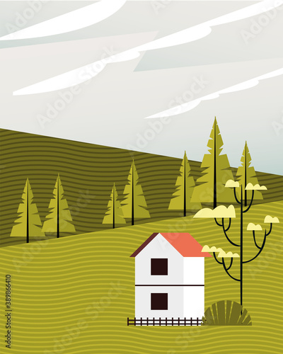 beautiful landcape scene with house in camp