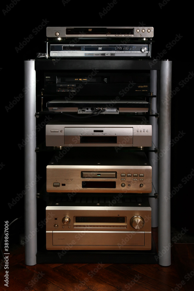 Rack with vintage audio-video equipment