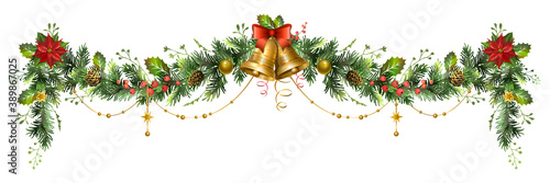 Long Christmas fir garland with jingle bells, poinsettia flower and red berries.