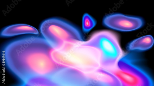 Modern liquid horizontal background. Dynamic 3-D drops of a transparent liquid against a dark background. Soft light spectral colors. Spectacular texture with chaotic waves.