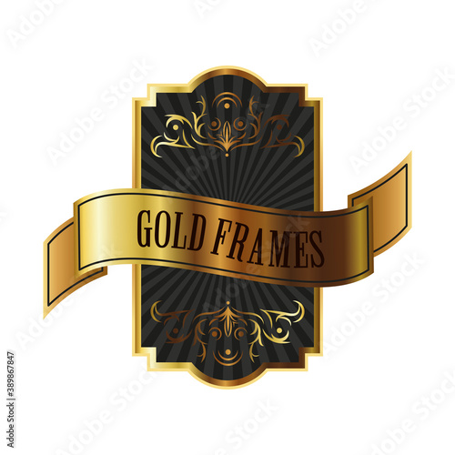 elegant golden frame emblem with lettering and ribbon