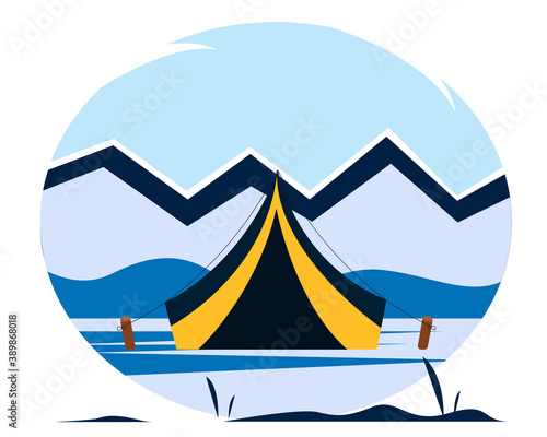Landscape of nature with a tent. Winter illustration of nature in a flat style.