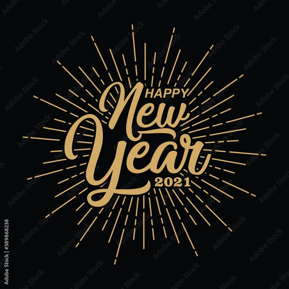 Happy 2021 New Year Greeting Card, logo design. Happy New Year Lettering with burst rays, Holiday Vector Illustration Happy 2021 New Year Greeting Card, logo design. Happy New Year Lettering with burst rays, Holiday Vector Illustration