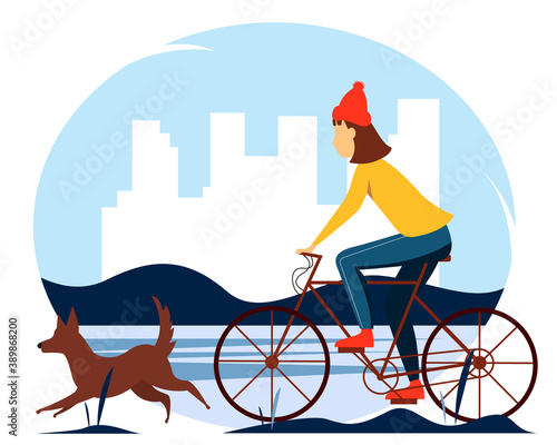 Girl riding a bicycle in the park with a dog. Winter vector illustration in flat style.
