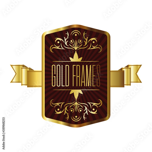 elegant golden frame emblem with lettering and ribbon
