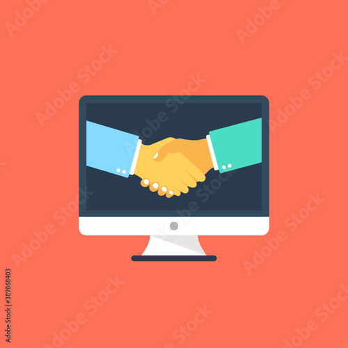 
Two person shaking hands on monitor screen, online partnership marketing
